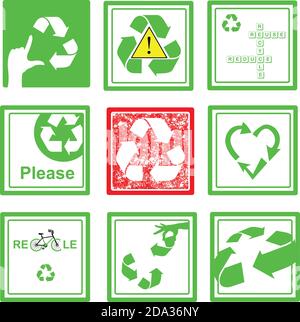 Satz von grünen und roten Recycling-Zeichen Symbol auf grünem Quadrat, Vektor Stock Vektor