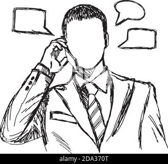 Illustration Vektor handgezeichnete Kritzeleien von Geschäftsmann mit Mobiltelefon mit Sprechblasen, Kommunikationskonzept Stock Vektor