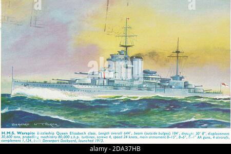Vintage Postkarte von H.M.S. Kriegstrotz Schlachtschiff Queen Elizabeth Klasse. Stockfoto