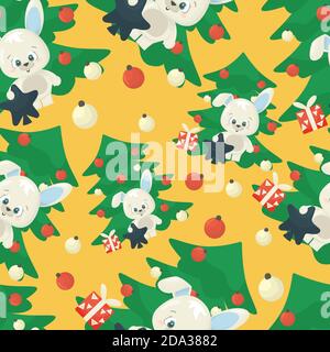 Neues Jahr 2021 Vektor nahtlose Muster mit glücklichen weißen Cartoon lustige Kaninchen, grünen Baum, weihnachten Spielzeug und Geschenke auf blauem Hintergrund Stock Vektor