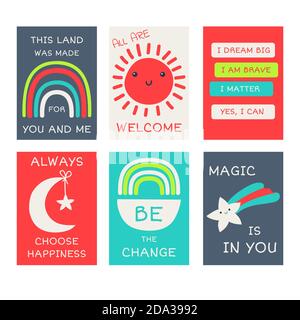 Set von Vektor-Banner mit Affirmationen für Kinder Spielzimmer. Niedliche inspirierende Karte mit buntem Regenbogen, Stern und Sonne und Schriftzug. Motivierender Quo Stock Vektor