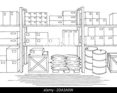 Grafik zur Darstellung der Darstellung der schwarzen Skizze im Lagerraum in Weiß Stock Vektor