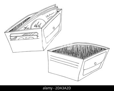 Geldbörse mit Geld und leerer Grafik Set schwarz weiß Skizze Isolierter Illustrationsvektor Stock Vektor