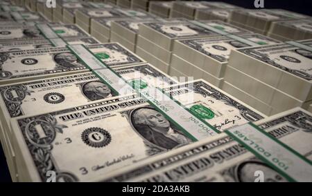 Dollar Money Pack 3d-Illustration. Ein USD-Banknotenbündel. Konzept der Finanzen, Bargeld, Wirtschaftskrise, Geschäftserfolg, Rezession, Bank, Steuer und Stockfoto