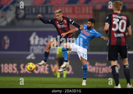 Nicolas Dominguez (Bologna)Elseid Hysaj (Napoli) während des italienischen "serie A"-Spiels zwischen Bologna 0-1 Napoli im Renato Dall Ara Stadium am 08. November 2020 in Bologna, Italien. Quelle: Maurizio Borsari/AFLO/Alamy Live News Stockfoto