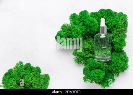 Transparentes Flüssigprodukt in Glasflasche mit Tropf auf grünem Moos. Hautpflege im Serum. Stockfoto