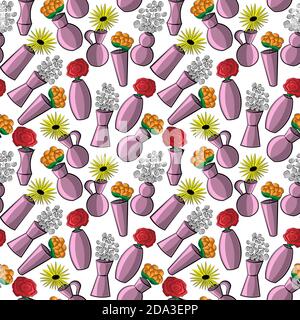 Nahtloses Vektor-Muster mit Vasen und Blumen Stock Vektor