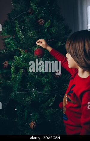 Kind schmückt den Weihnachtsbaum von hinten gesehen Stockfoto