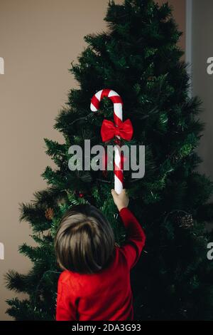 Kind schmückt den Weihnachtsbaum von hinten gesehen Stockfoto