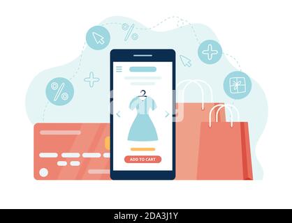 Online-Shopping-Konzept mit Telefonbildschirm, Einkaufstaschen und Kreditkarte. Vektorgrafik Vorlage Stock Vektor