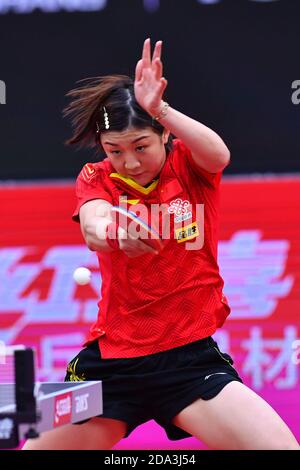 Weihai, Chinas Provinz Shandong. November 2020. Chen Meng aus China gibt den Ball an Lily Zhang aus den Vereinigten Staaten während ihres Frauen-Einzel-Viertelfinales beim ITTF Frauen-Weltcup 2020 in Weihai, Ostchinas Provinz Shandong, 9. November 2020 zurück. Quelle: Zhu Zheng/Xinhua/Alamy Live News Stockfoto