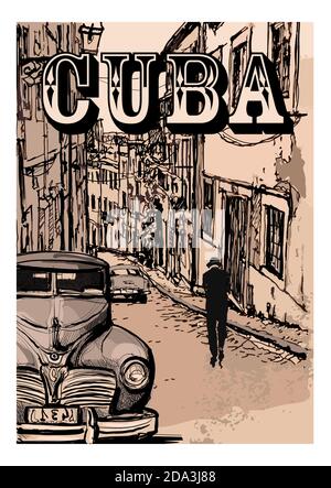 Oldtimer-Klassiker in einer Straße von Havanna, Kuba - Vektor-Illustration Stock Vektor