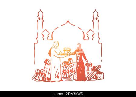 Muslimische Menschen, die einander Geschenke geben, heilige islamische Festfeier, arabische Kultur, Mann und Frau vor der Moschee Stock Vektor