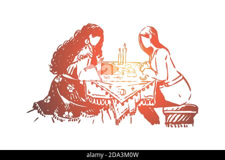 Zigeunerfrau, Wahrsagerin und Klientin, Schicksalsvorhersage, Zukunftsprognose, Besuch bei Wahrsager Stock Vektor