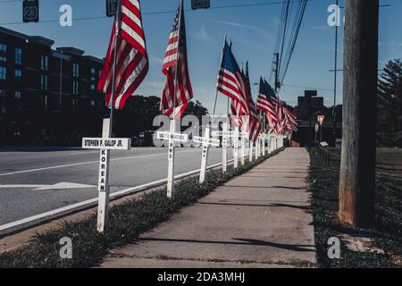 DULUTH, USA - 07. Nov 2020: Duluth, Georgia / USA - 6. November 2020: Weiße Kreuze und amerikanische Flaggen säumen eine Stadtstraße in Erinnerung Stockfoto