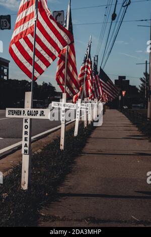 DULUTH, USA - 07. Nov 2020: Duluth, Georgia / USA - 6. November 2020: Weiße Kreuze und amerikanische Flaggen säumen eine Stadtstraße in Erinnerung Stockfoto