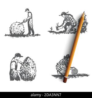 Landschaftsbau- Rasenmähen, Sämlinge, Rasenlash, Busch schneiden Vektor-Konzept-Set Stock Vektor