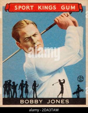 Bobby Jones, Sport Kings Gum, Karte. Bobby schwingt den Golfschläger und Silhouetten von Golfspielern im Boden. Stockfoto