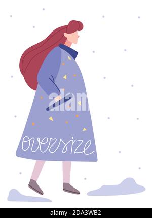 Stilvolle Mädchen in einem übergroßen Mantel Spaziergänge im Winter.Outdoors Lifestyle-Mode.Woman zu Fuß auf Straße flache Illustration. Trendige Fashi im Straßenstil Stock Vektor