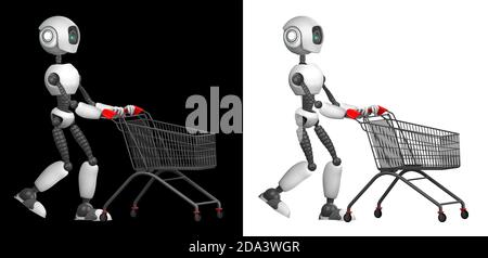 Ein humanoider Roboter mit einem Einkaufswagen. Isoliert auf schwarzem und weißem Hintergrund. Zukunftskonzept mit Robotik und künstlicher Intelligenz. 3D-Renderi Stockfoto