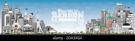 Willkommen in Canada City Skyline mit Grey Buildings und Blue Sky. Vektorgrafik. Konzept mit historischer Architektur. Stock Vektor