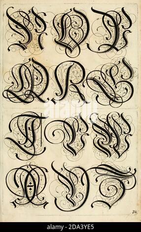 Brief und Ornamente von 1655, Kalligraphie, Design, Tinte, Pinsel, Schreiben Stockfoto