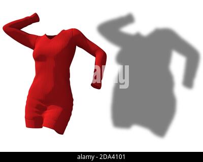 Conceptual Fat Übergewicht fettleibig Schatten weibliche Pullover Kleid vs schlank fit gesunden Körper nach Gewichtsverlust oder Diät dünn junge Frau isoliert. Stockfoto