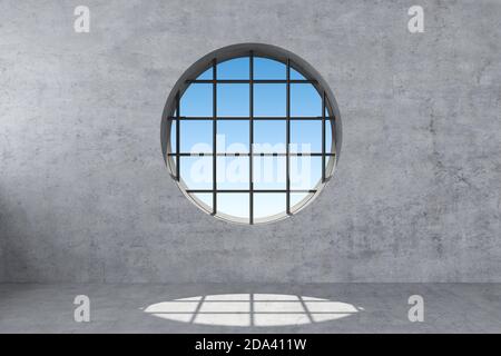 Rundes Fenster mit Gitter in Betonwand Vorderansicht. 3d-Rendering Stockfoto