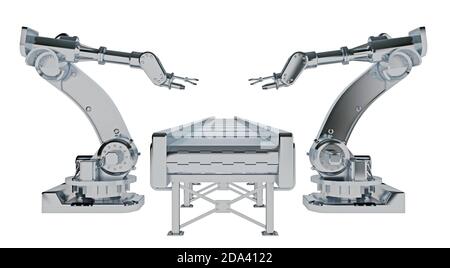 Reihe von Roboterarmen mit Transportband isoliert auf weiß. 3d-Rendering Stockfoto