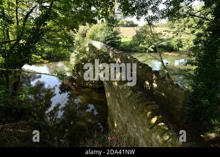 Scutt's Bridge, Packhorse-Brücke über den Fluss Frome zwischen Rode und Woolverton in Somerset.UK Stockfoto