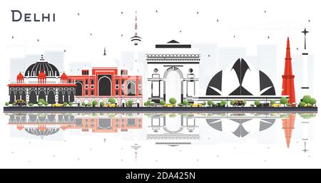 Delhi India City Skyline mit farbigen Gebäuden und Reflexionen isoliert auf weißem Hintergrund. Vektorgrafik. Stock Vektor