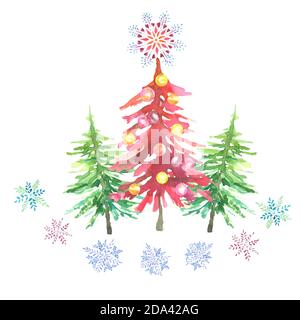 weihnachtskarte mit grünen und roten Aquarell weihnachtsbäumen und Schneeflocken isoliert auf weißem Hintergrund Stockfoto