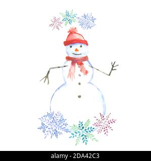 Aquarell Schneemann mit Schneeflocken dekoriert und isoliert auf weißem Hintergrund Stockfoto