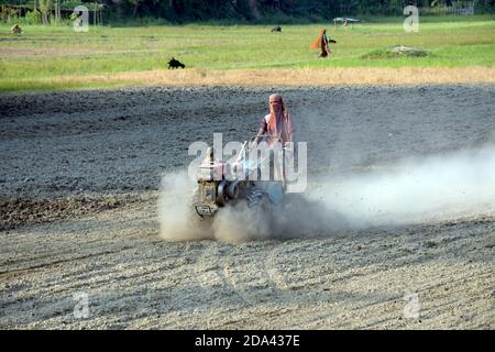 DHAKA, BANGLADESCH– November 2020: Ein Landwirt, der Traktor als Anbaugebiet in Dhaka benutzt. Stockfoto