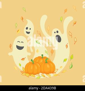 Illustration für Halloween. Kürbisse, Geister und Herbstblätter. Stock Vektor