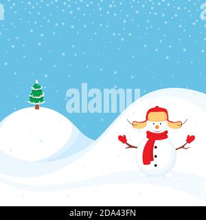 Winter Illustration mit Schneemann. Der Schneemann ist mit einem Hai, einem Schal und Fäustlingen gekleidet. Schnee. Stock Vektor