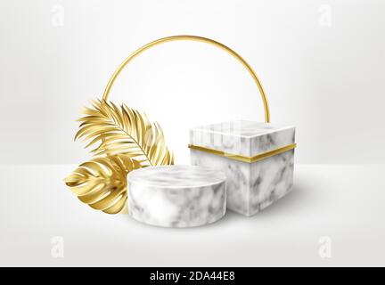 3d realistische weißen und schwarzen Marmorsockel auf weißem Hintergrund mit goldenen Palmblättern. Leerer Raum Design Luxus mockup Szene für Produkt. Vektor Stock Vektor