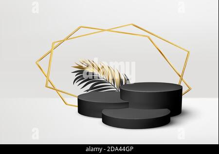 3d realistische schwarze Sockel auf weißem Hintergrund mit goldenen Elementen Palmblätter. Leerer Raum Design Luxus mockup Szene für Produkt. Vektor Stock Vektor