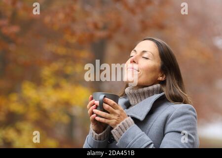 Entspannte Frau mittleren Alters hält Kaffeetasse atmen frisch ait In der Herbstsaison im Wald Stockfoto