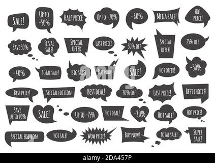 Schwarze Sprechblase mit Verkauf Phrasen - Cartoon Comic-Blasen und Wolken in verschiedenen Formen mit Sprachphrasen. Stock Vektor