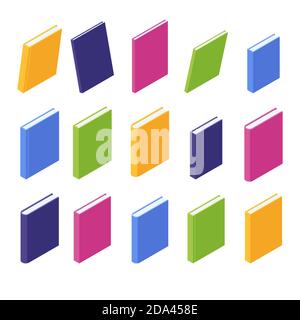Bücher isometrisch. Bunte Papierbücher mit Hardcover im Vektor-Illustrationsset. Stock Vektor