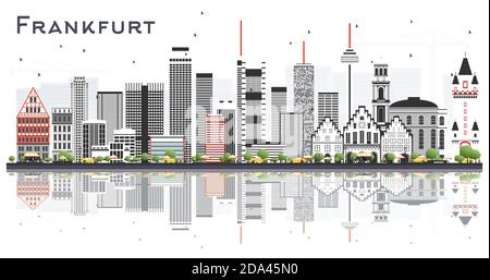 Frankfurt City Skyline mit farbigen Gebäuden und Reflektionen isoliert auf Weiß. Vektorgrafik. Reise- und Tourismuskonzept. Stock Vektor