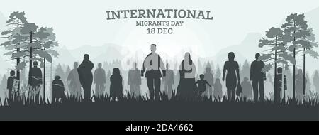 Internationaler Tag Der Migranten 18. Dezember. Vektorgrafik. Web-Banner mit Silhouetten von Flüchtling im Wald. Stock Vektor