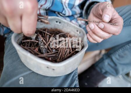 Männliche Hände eines Zimmermanns pflücken alte, rostige Nägel aus einem Plastikbehälter. Draufsicht. Stockfoto