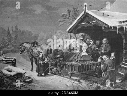 Beerdigung, Sarg auf einem Pferdeschlitten vor einer Kapelle, Priester hält die Laudatio vor den Trauernden, Österreich, 1888 / Beerdigung, Sarg auf einem Pferdeschlitten vor einer Kapelle, Pfarrer hält die Grabrede vor den Trauernden, Österreich, 1888, Historisch, historisch, Digitale verbesserte Reproduktion eines Originals aus dem 19. Jahrhundert / digitale Reproduktion einer Originalvorlage aus dem 19. Jahrhundert Stockfoto