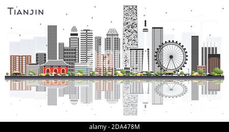 Tianjin China City Skyline mit farbigen Gebäuden und Reflektionen isoliert auf Weiß. Vektorgrafik. Stock Vektor