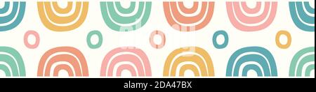 Rainbow Muster Bordüre Design, niedlichen Vektor nahtlose Wiederholung Banner von bunten abstrakten Regenbogen und Punkte. Stock Vektor