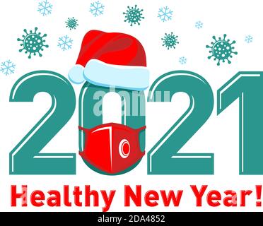 2021 gesundes Neujahrskonzept Poster oder Logo mit Weihnachtsmütze und roter Gesichtsmaske. Stoppen Sie Grippe Coronavirus. Vektor auf transparentem Hintergrund Stock Vektor