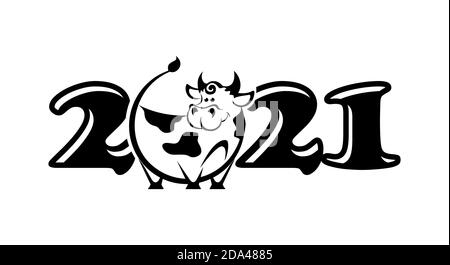 2021 Jahre Logo-Design. Chinesisches neues Jahr des Ochsen. Metall Ochse Horoskop Zeichen. Neues Jahr lustige Symbol. Flacher Vektor Ox-Zeichen isoliert auf transparentem Hintergrund Stock Vektor