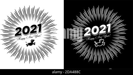 2021 Grußkarte mit lustigen Ochsen und der Aufschrift Frohes Neues Jahr! Vor dem Hintergrund eines festlichen Feuerwerks. Vektor auf transparentem und schwarzem Rücken Stock Vektor